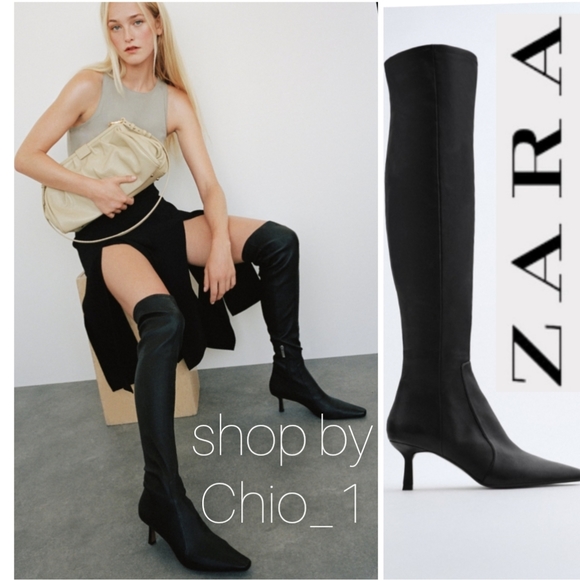 ZARAthin heel extra tall Leather boots black color bloggers...